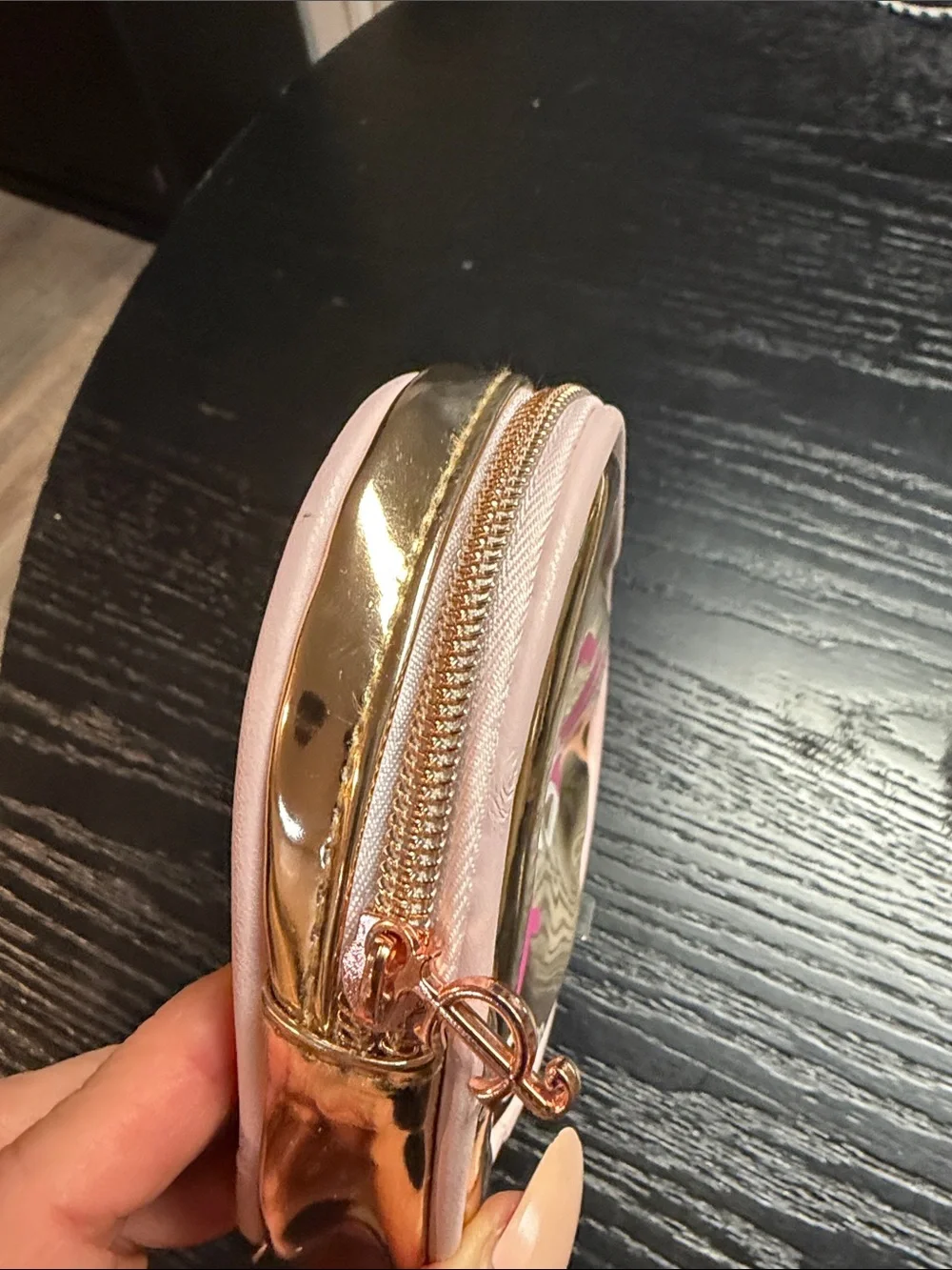 Juicy Couture Metallic Gold Heart Cosmetic Pouch with Pink Trim